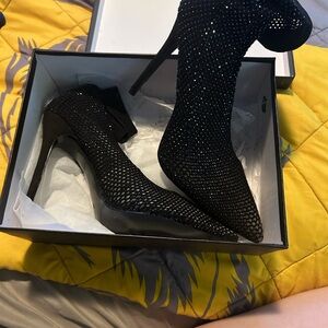 Black Rhinestone Mesh Pointed-Toe Stiletto Ankle Boots